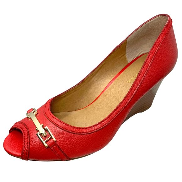 Saks‎ Fifth Avenue Coral Leather Horse Bit Peep Toe Wedge Pump - Picture 2 of 11